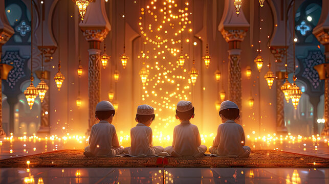 muslim kids praying in mosque with lanterns and glowing lights in background, Festive greeting card, invitation for Muslim holy month Ramadan Kareem.