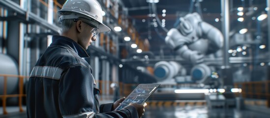 worker with a tablet computer in an industrial setting, in the style of robotic motifs, digital as manual, light indigo and light bronze