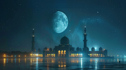 Festive greeting card, invitation for Muslim holy month Ramadan Kareem or eid, with mosque and moon view in night , glowing moon light - obrazy, fototapety, plakaty