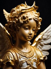 Golden statue of a cherub angel on a plain black background from Generative AI