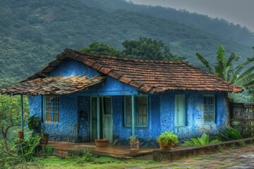 Fototapeta na wymiar an blue clapboard house with tiled roof in a rural area, dark crimson and green, use of earth tones