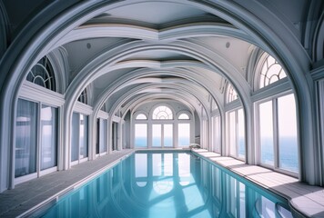 interior pool of a white villa near the sea, in the style of sky-blue and brown
