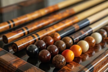 Naklejka premium bar and game set, in the style of dark brown and dark amber, reverent and tranquil
