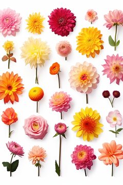 Set of different flowers on white background