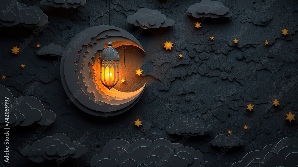 Wall mural 3d paper cut art ramadan kareem or eid mubarak greeting card with moon and hanging lamps on dark nav