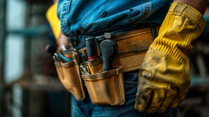 a man holding a tool belt with tools in it's pocket - obrazy, fototapety, plakaty