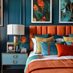 contemporary bedroom in orange and blue, compositions detailed foliage, dark turquoise and light gold, sculptural quality, flat compositions