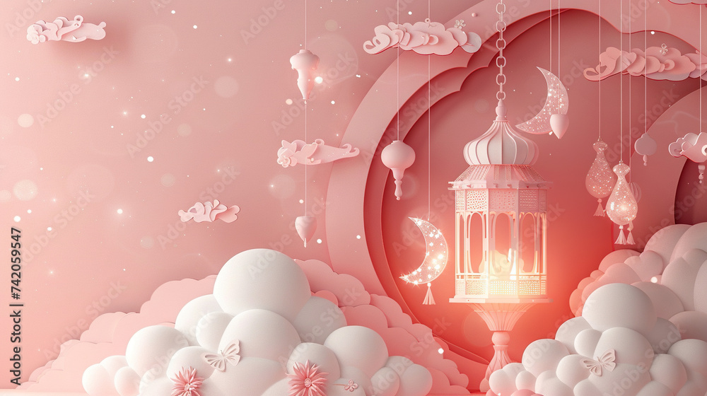 Wall mural 3d paper cut art ramadan kareem or eid mubarak greeting card with moon and hanging lamps on pastel pink background