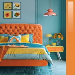 elegant bedroom with an orange and blue bed and bedside table, in the style of yellow and cyan, realistic color palette
