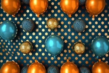 gold blue gold silver yellow and gold balloons on blue background, in the style of dark aquamarine and teal