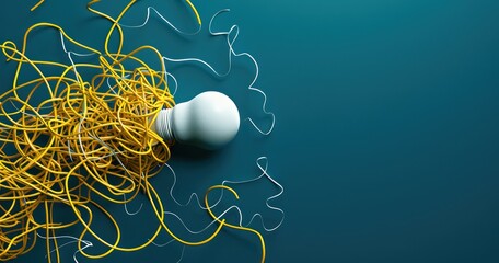 idea bulb and yellow string of ideas with a tangled mess around it, in the style of light navy and white
