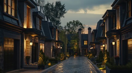 townhouses, in the style of light black and bronze, glazed surface, in the middle of the night, there is an empty road