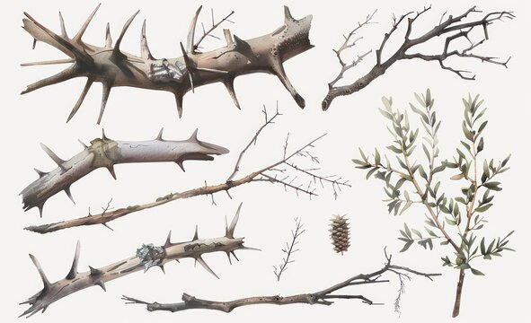  thorns and branches isolated digital drawing, in the style of realistic watercolor paintings, varying wood grains