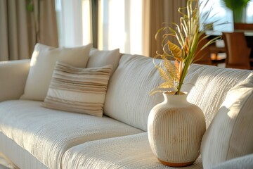 modern living room and furniture with white couch and vase, in the style of golden light, danish design