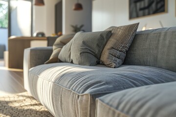 modern style interior with gray grey sofa in a living room, in the style of light beige and bronze