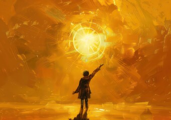 person is reaching for the sun, in the style of infused symbolism, flickering light, skillful lighting, sun rays shine upon it, spiritual 