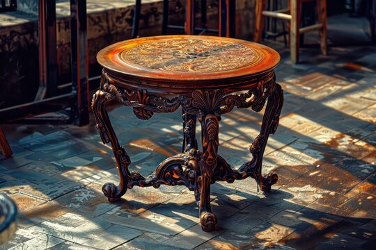 ornate side table with metal base, in the style of high dynamic range, traditional craftsmanship, naturalistic shadows, old timey, carving, brown, classical elegance