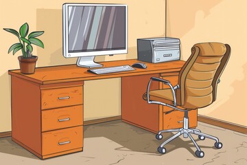  desk with a computer and a chair, in the style of realistic, light brown and orange, complex, illustration