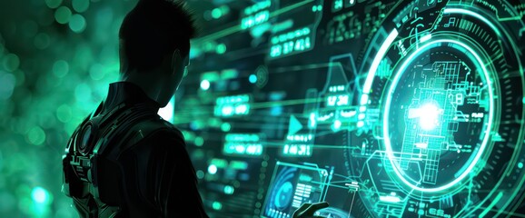 person looking at computer with futuristic robotic tech stock, industrial texture, blurry panorama, scientific diagrams