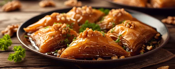 Foto op Canvas Baklava with walnut on wooden table. Traditional Turkish and Arabic dessert with nuts and honey. Mediterranean or middle eastern cuisine delicious for holiday or Ramadan. For greeting card, banner © Melanthe