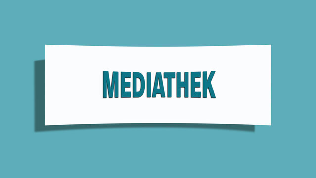 Mediathek. Eine weisse Karte mit blaugruener Schrift und Schatten, isoliert auf blaugruenem Hintergrund.