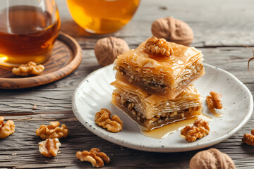 Obraz na płótnie Canvas Baklava with walnut on wooden table. Traditional Turkish and Arabic dessert with nuts and honey. Mediterranean or middle eastern cuisine delicious for holiday or Ramadan. For greeting card, banner