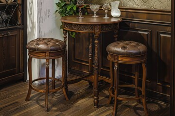 the bar table with two stools and a table in the corner, in the style of classical style