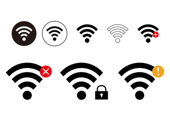 鍵付きの黒いWiFiマークのイラストセット アイコン素材 バリエーション