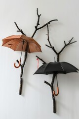 two coat hooks with umbrellas on them, in the style of dark black and brown, twisted branches, pure color