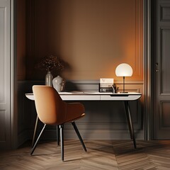 white modern desk and chair, in the style of danish design, dark, muted colors, light orange and dark gray