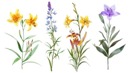 wild flower bouquet collection of wild flower designs in different colors set, in the style of realistic watercolor paintings, light indigo and light amber, recycled, dry