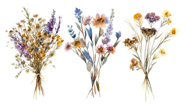 wild flower bouquet collection of wild flower designs in different colors set, in the style of realistic watercolor paintings, light indigo and light amber, recycled, dry