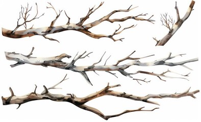 wooden branch set of 4 vector illustration, in the style of realistic watercolor paintings, sharp and edgy compositions