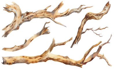 wooden branch set of 4 vector illustration, in the style of realistic watercolor paintings, sharp and edgy compositions