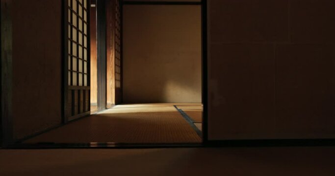 Traditional Japanese home, empty interior and minimalism design with door, tatami mat and real estate. Vintage property, architecture and calm house with retro culture, wood and bamboo on room floor.
