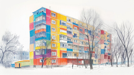 Colorful Apartment Block in Snowy Landscape