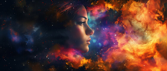 Fantasy abstract of the face of a woman against a colourful digital space background