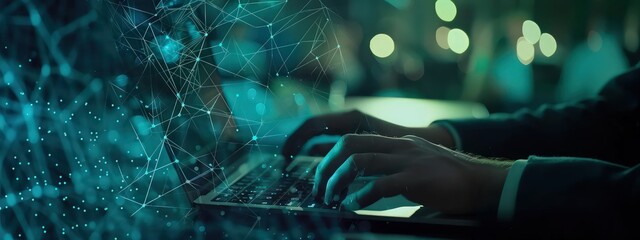 a businessman using the new device on a laptop, in the style of futuristic geometric abstraction, light teal and dark indigo, intertwined networks