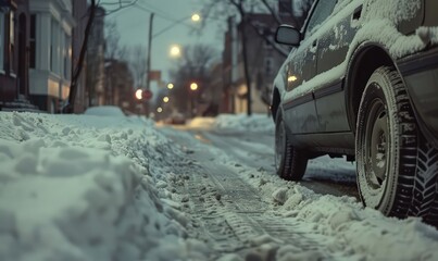 a car showing tires, is parked on a snow covered street low view