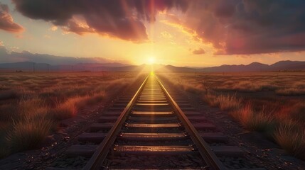 Train tracks headed into the distant horizon with colorful light of sunset shining in the background landscape