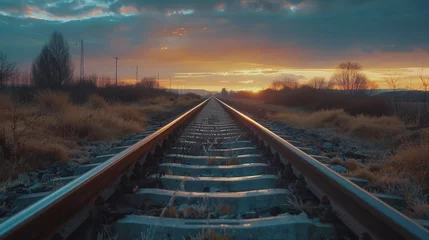 Fototapete Train tracks headed into the distant horizon with colorful light of sunset shining in the background landscape © Artem