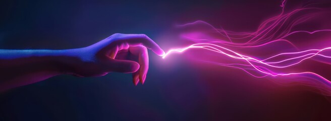 a hand is touching an icon with a glowing line going out of it, in the style of multilayered abstraction, lightning wave