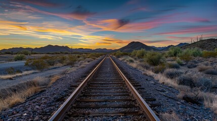 Obraz premium Train tracks headed into the distant horizon with colorful light of sunset shining in the background landscape