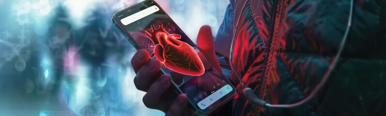 a man holding a smartphone with a heart on the screen, in the style of scientific accuracy, undefined anatomy - obrazy, fototapety, plakaty