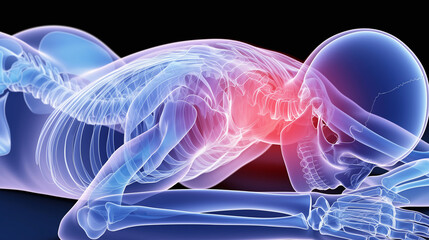 首痛の視覚表現: ルンバー領域での痛みと不快感を具現化したイメージ. - obrazy, fototapety, plakaty