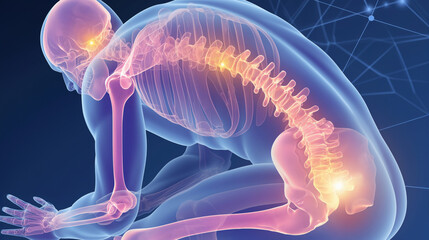 腰痛の視覚表現: ルンバー領域での痛みと不快感を具現化したイメージ. - obrazy, fototapety, plakaty