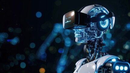 technology robot or cyborg wears virtual glasses or virtual goggles