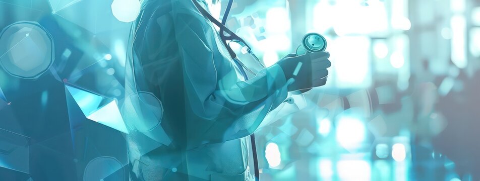 a medic holds a stethoscope in front of a digital screen