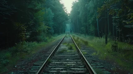 Poster Train tracks in the forest at morning © Artem