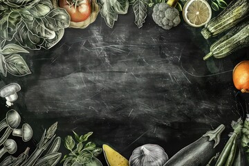 a sketch of fresh foods on a blackboard,  vintage graphic design - obrazy, fototapety, plakaty